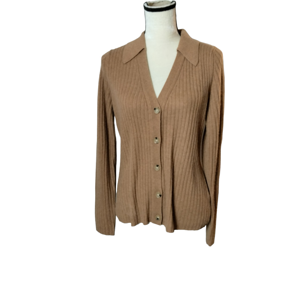 Veronica Beard Sz L Lazana Cashmere Collared V Neck Cardigan Camel Brown Grandpa